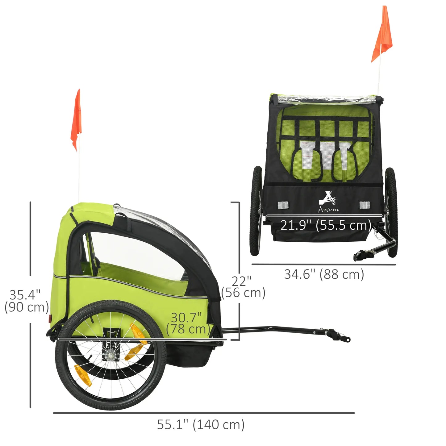 2 Seat Bike Trailer, Kids Stroller, 20" Wheels, Green Kids Bike Trailers at Gallery Canada