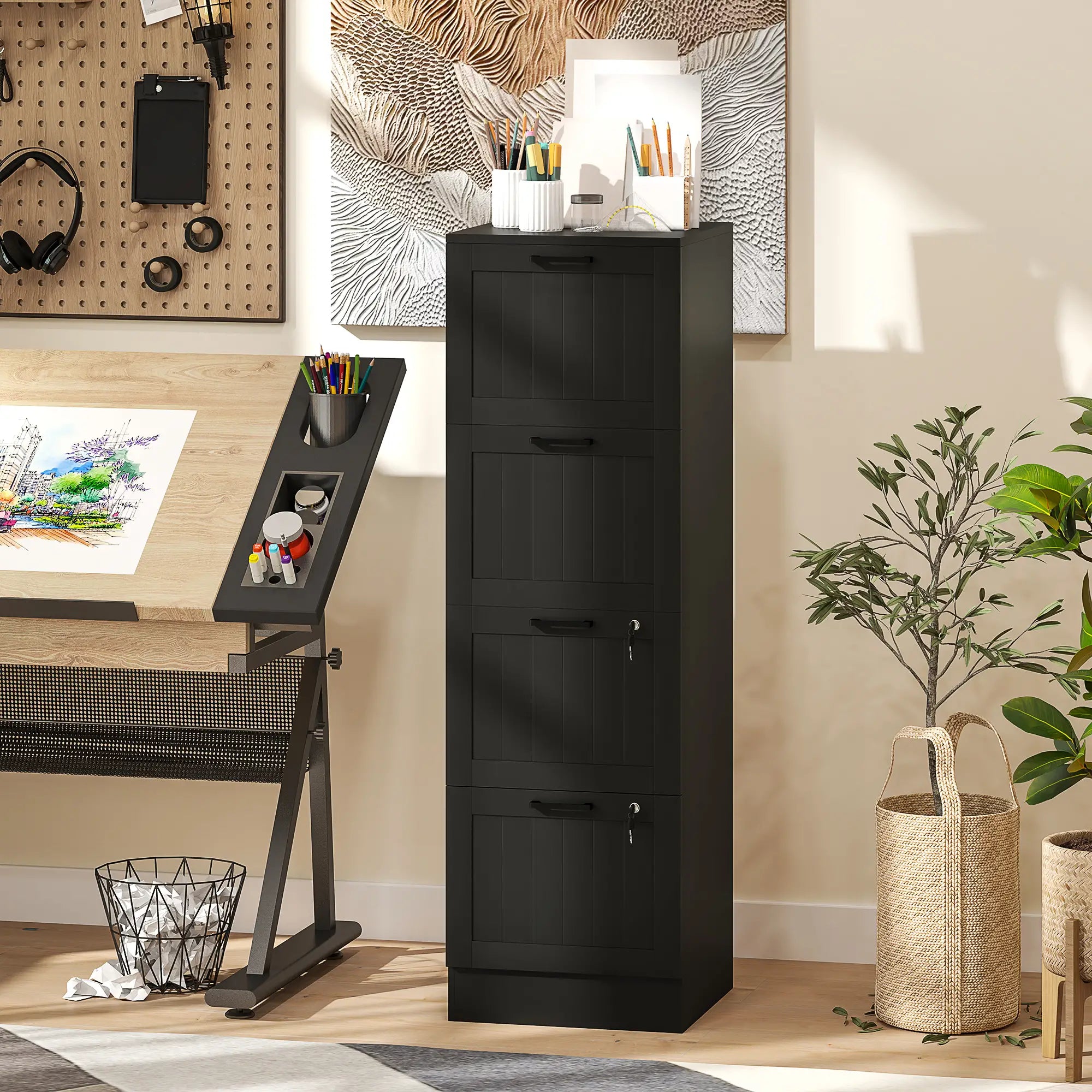 4 Drawer Filing Cabinet with Lock, Adjustable Hanging Bars, Black Office Cabinets & Cupboards at Gallery Canada