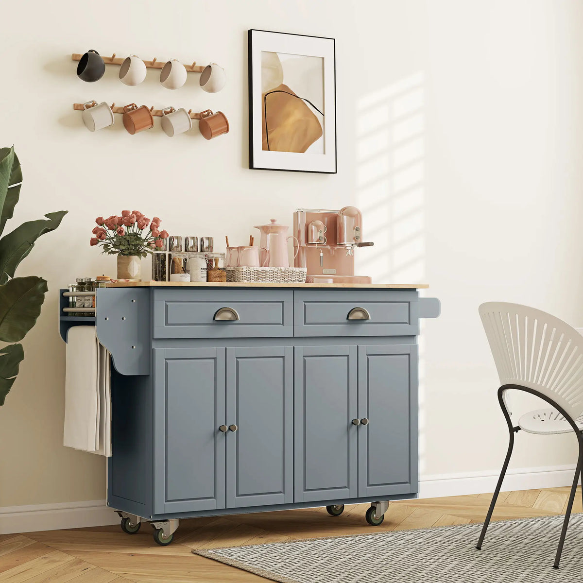 Kitchen Island with Storage, Drop Leaf, Rubber Wood Top, Adjustable Shelves, Grey Kitchen Islands & Kitchen Carts at Gallery Canada