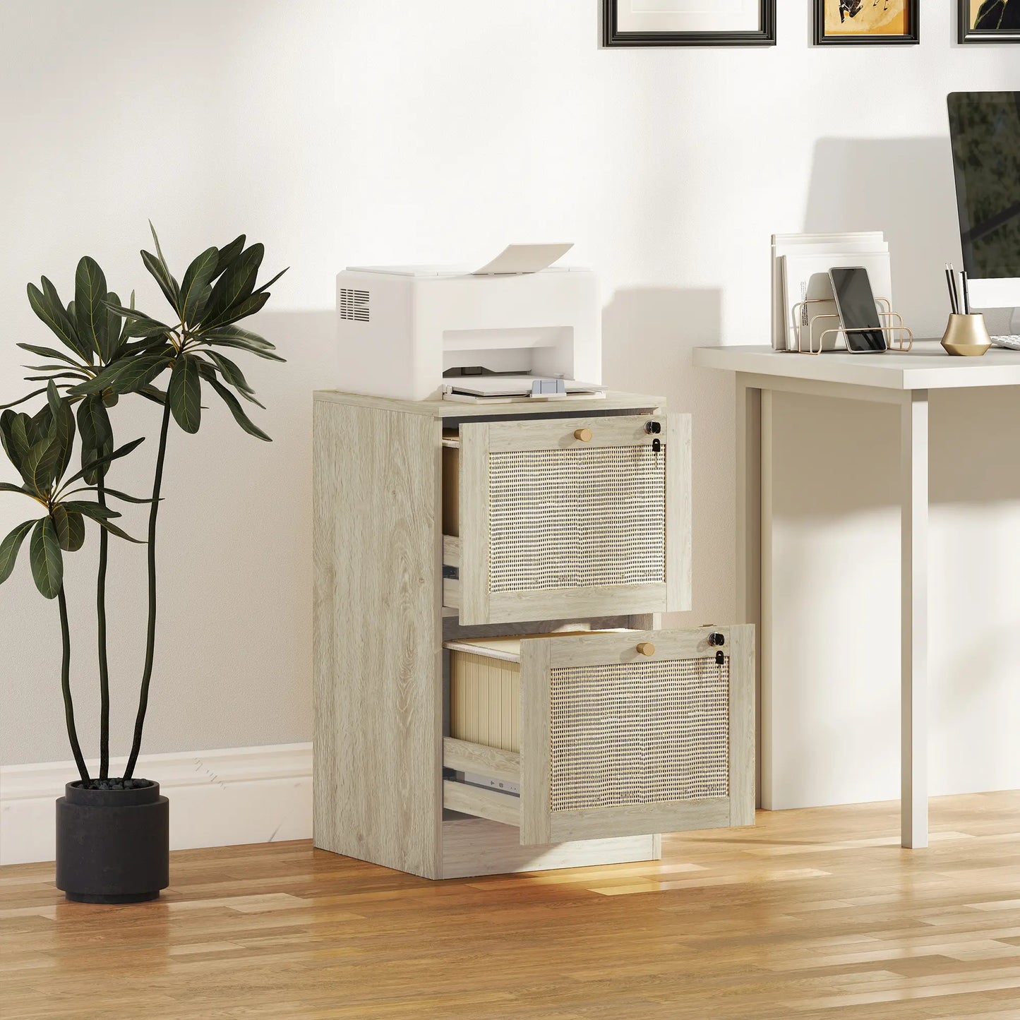 2 Drawer Filing Cabinet with Lock, Boho Style, A4 Letter Size, Oak Office Cabinets & Cupboards at Gallery Canada