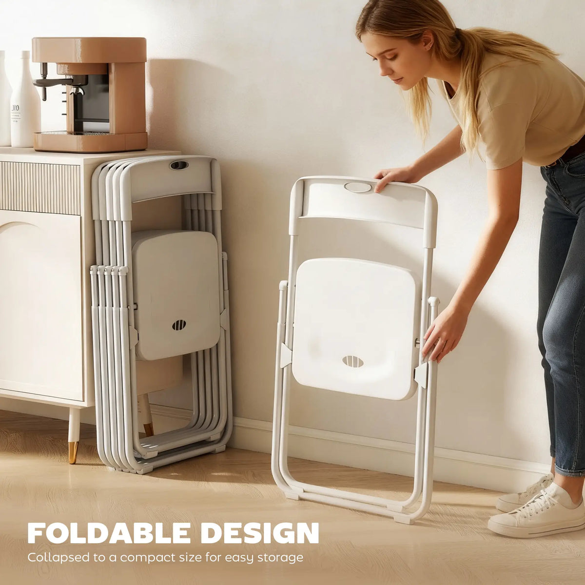 Folding Chairs 6 Pack, Plastic with Steel Frame, White Dining Chairs at Gallery Canada