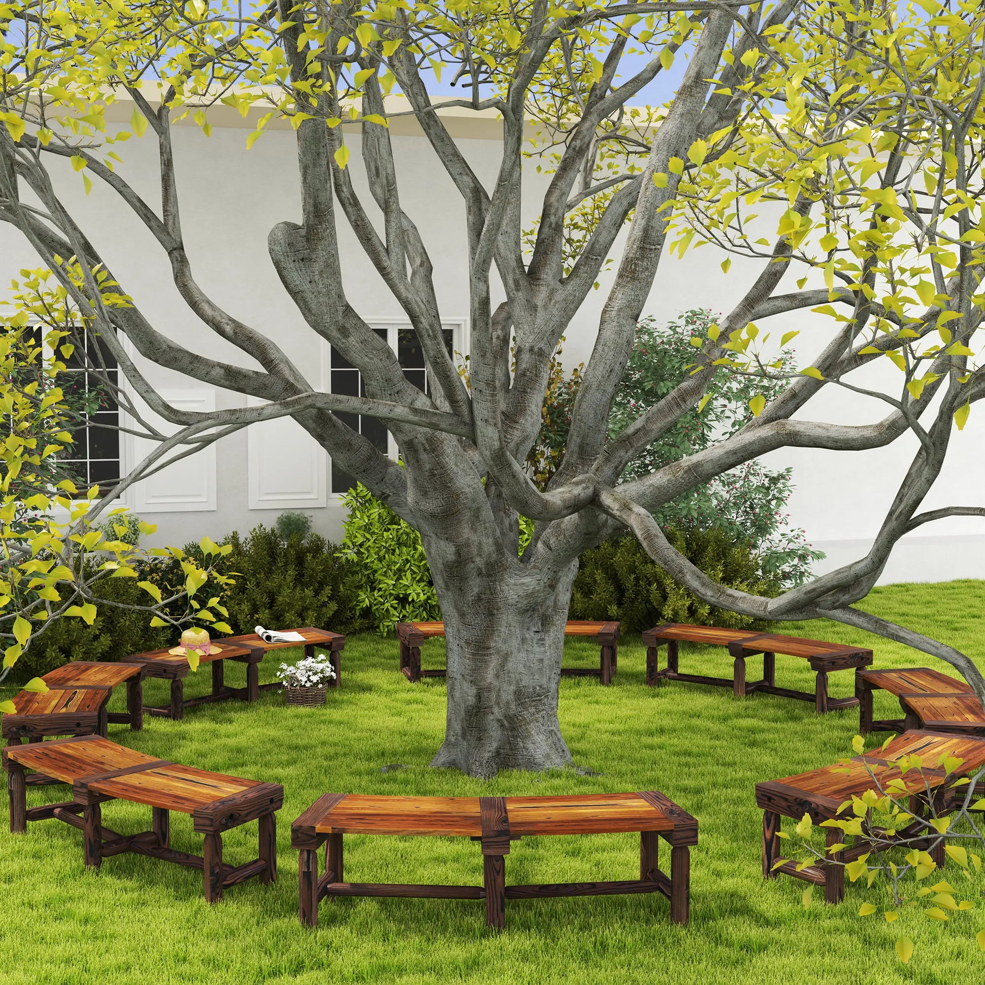 Wooden Outdoor Tree Bench, Slatted Seat, 60in, Brown Outdoor Benches at Gallery Canada