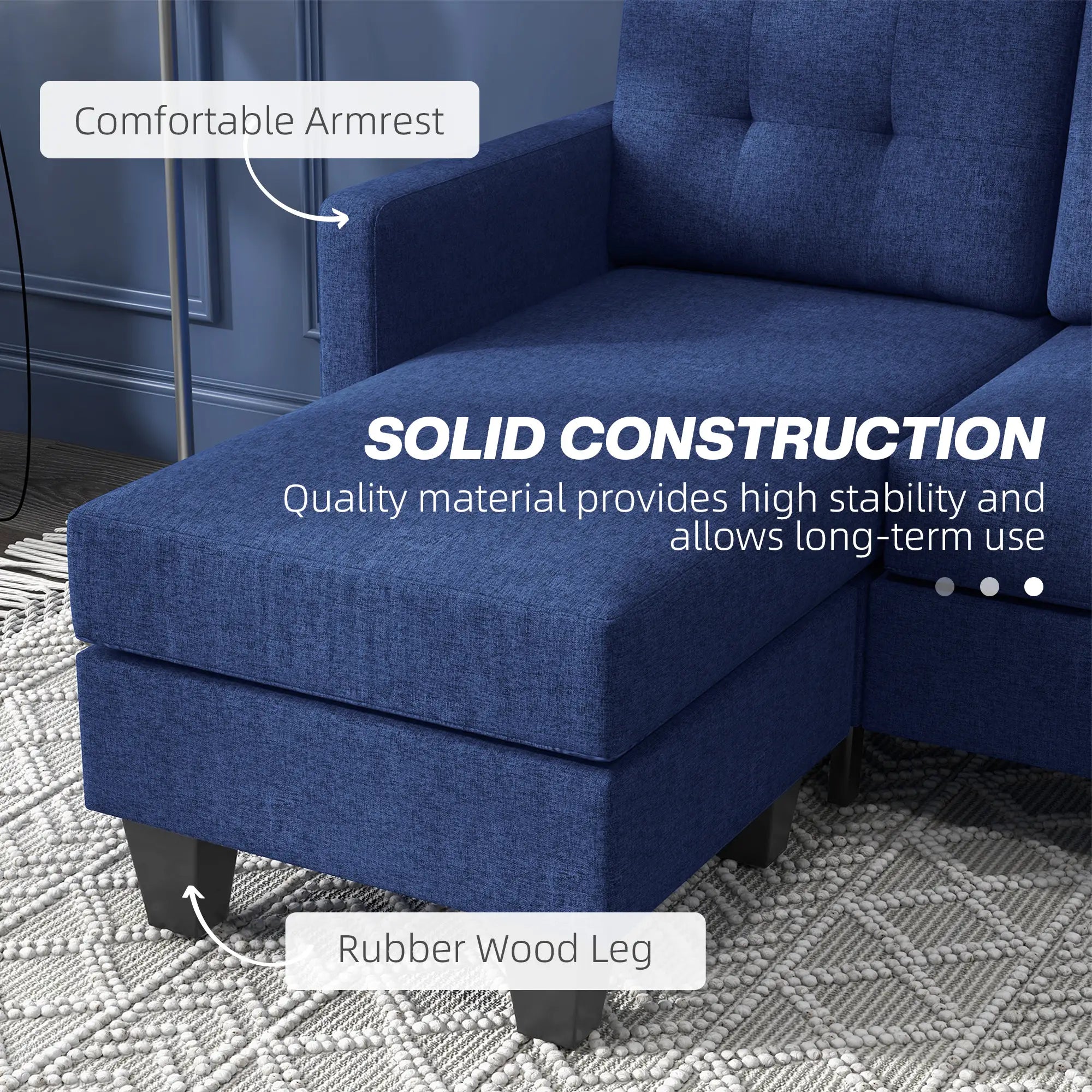 L-Shaped Sofa, 3 Seater Sectional Couch with Ottoman, Dark Blue 3-Seater Sofas at Gallery Canada