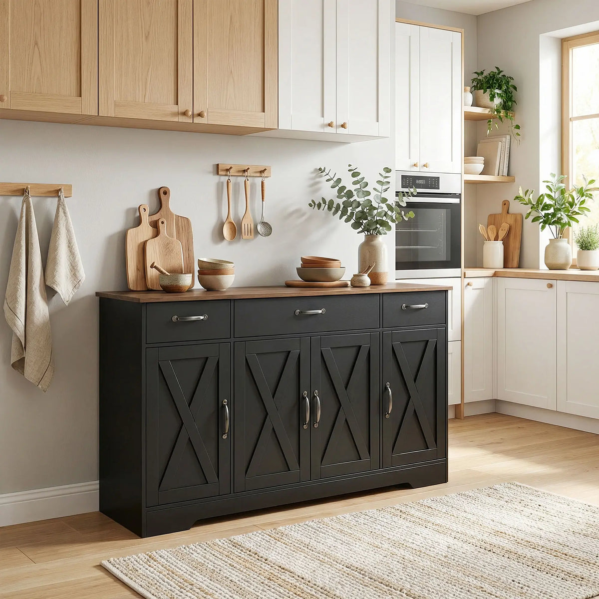 55" Sideboard Buffet Cabinet, Farmhouse Kitchen, 4 Barn Doors, 3 Drawers, Black Bar Cabinets at Gallery Canada