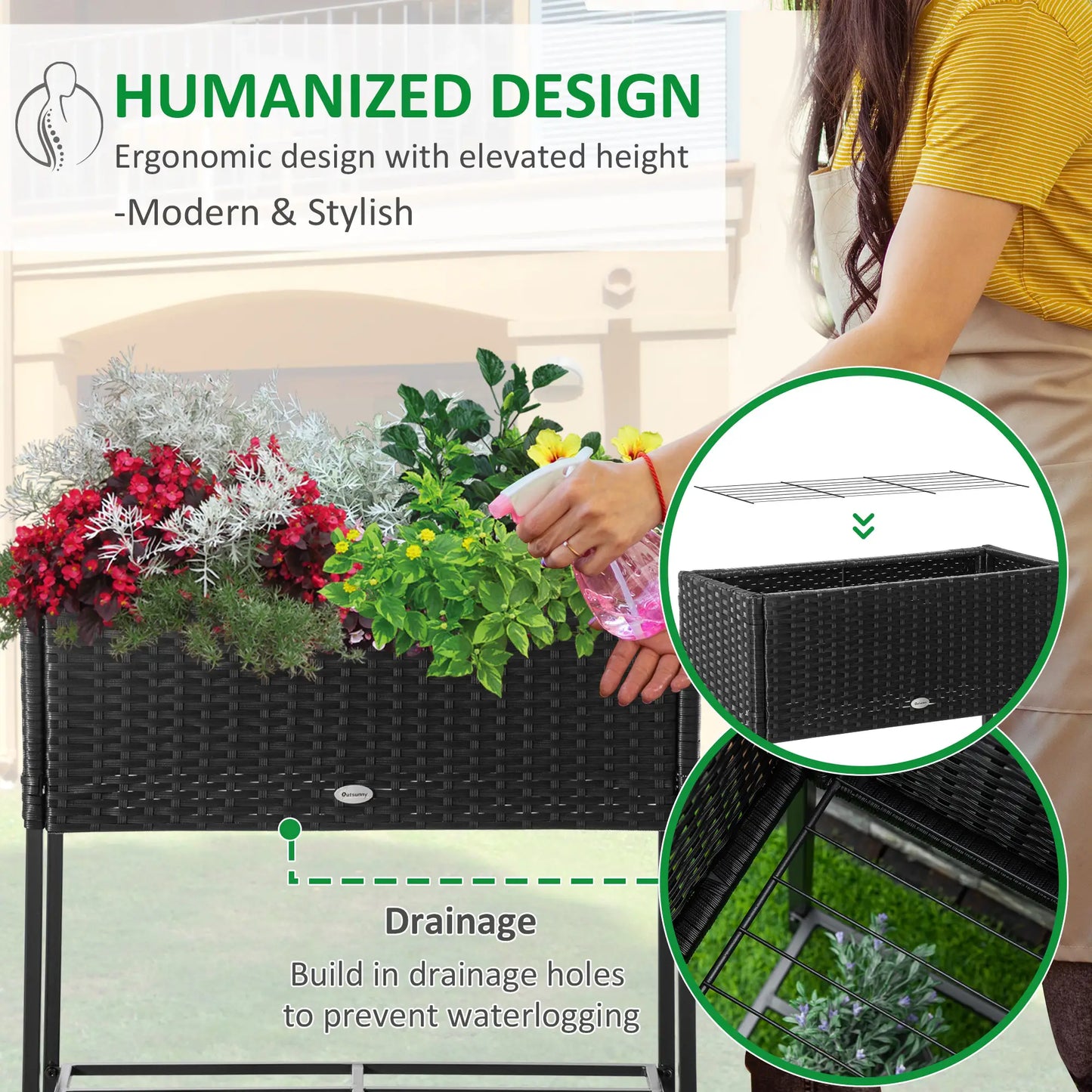 Rattan Raised Garden Box, Elevated Flower Bed with Storage, Black Plant Stands at Gallery Canada