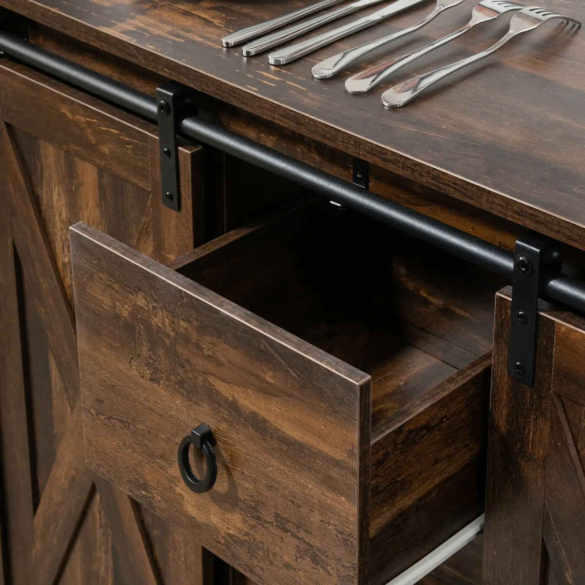 Industrial Buffet Cabinet, Kitchen Sideboard, Sliding Barn Doors, 3 Drawers, Adjustable Shelves, Rustic Brown, Brown Bar Cabinets at Gallery Canada