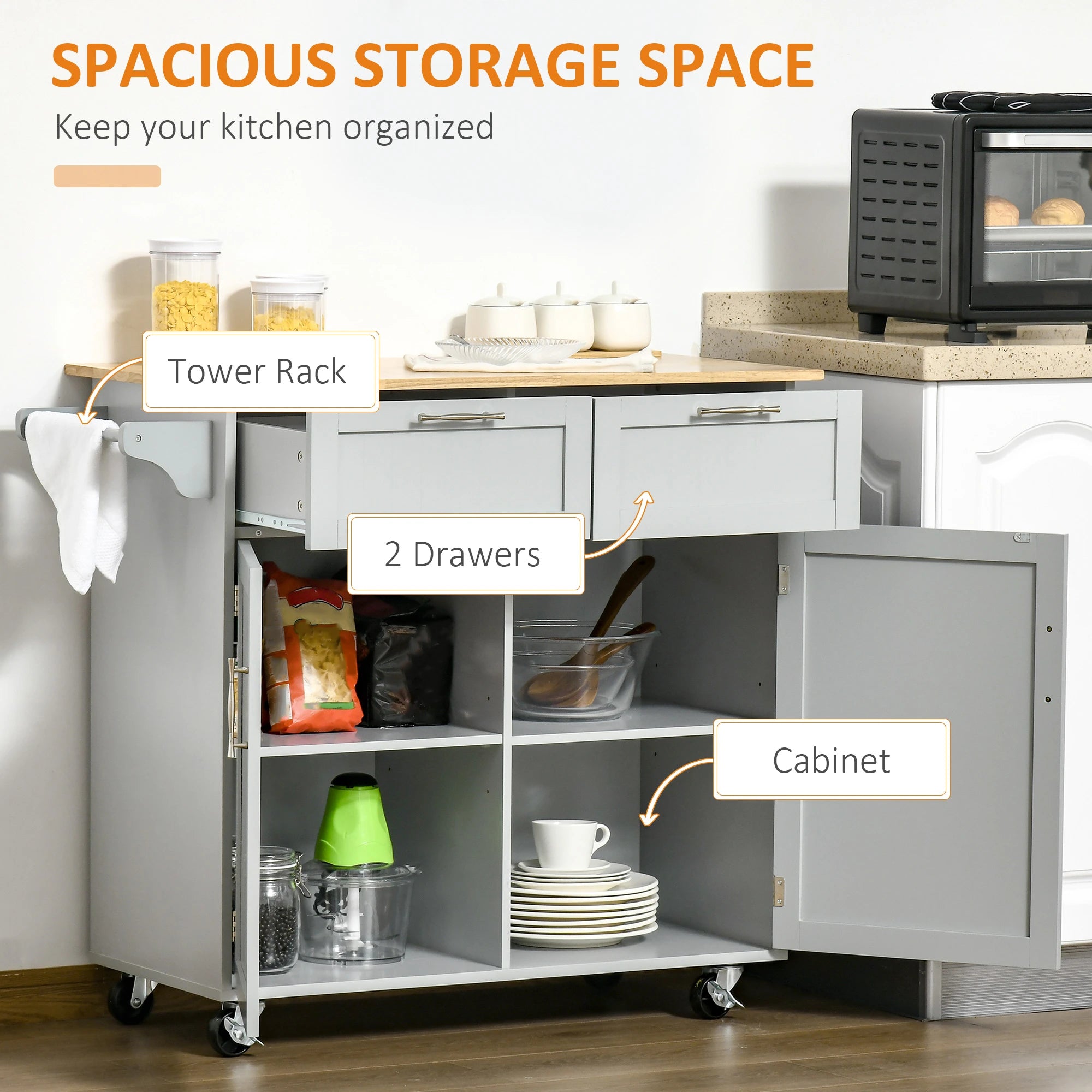 Rolling Kitchen Island, Cart with 2 Drawers, 2 Door Cabinets, 2-Doors, Grey Kitchen Islands & Kitchen Carts at Gallery Canada