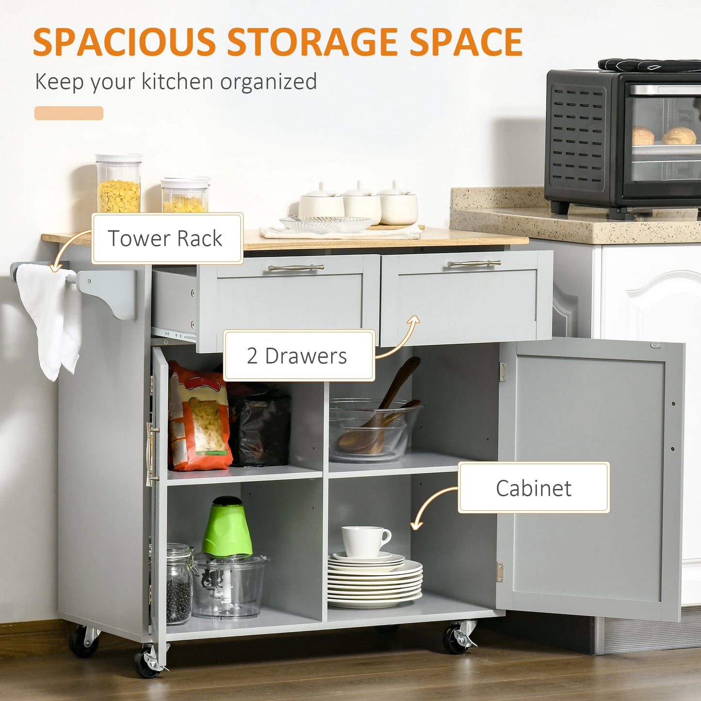 Rolling Kitchen Island, Cart with 2 Drawers, 2 Door Cabinets, 2-Doors, Grey Kitchen Islands & Kitchen Carts at Gallery Canada