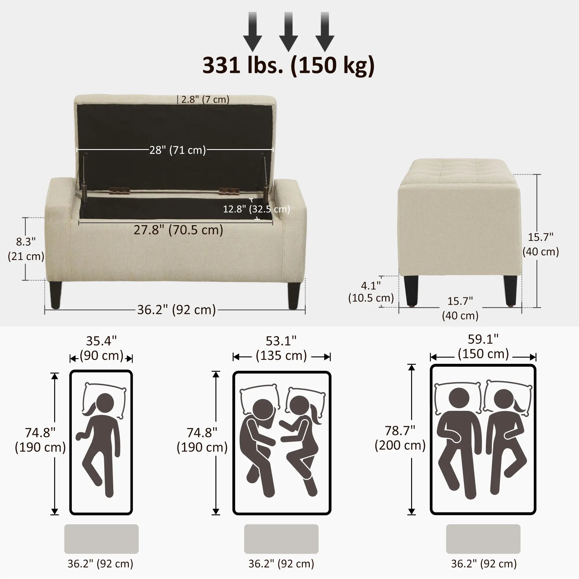 36In Storage Ottoman Bench, Wood Frame, Beige Storage Ottomans & Benches at Gallery Canada