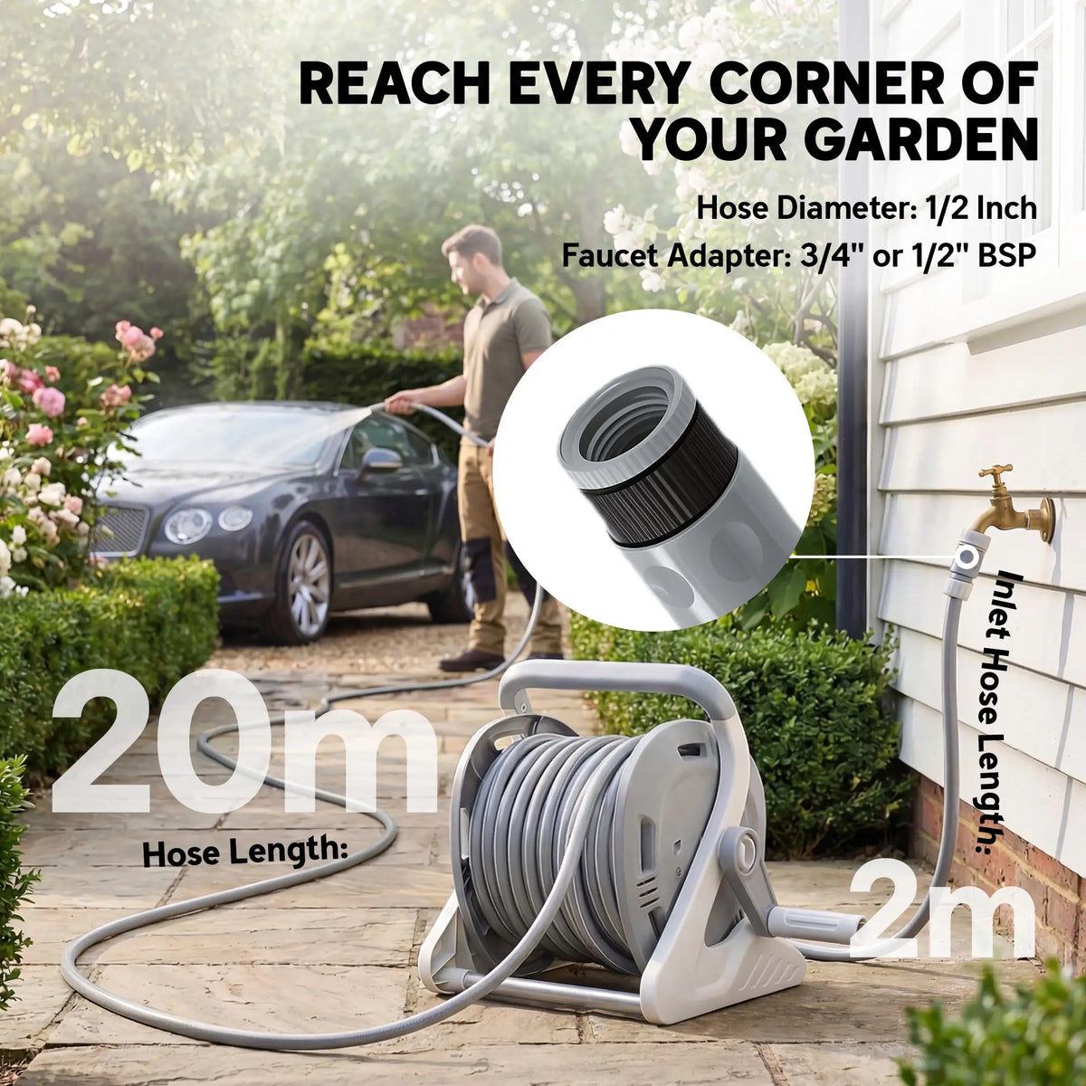 Portable Garden Hose Reel, 1/2" x 66ft Wall Mounted, Grey