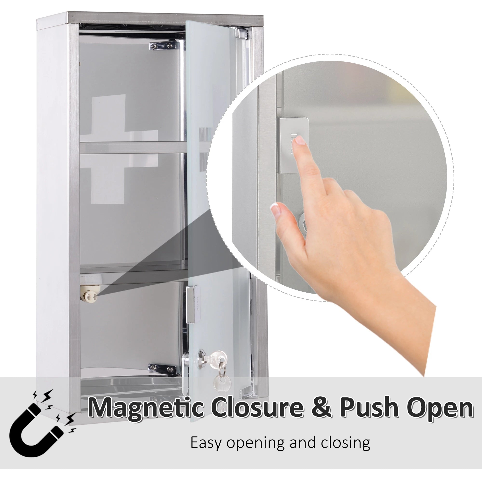 Wall Mount Medicine Cabinet, 2 Shelves, Steel Frame, Glass Door, Lockable, Stainless Mirror Medicine Cabinets at Gallery Canada