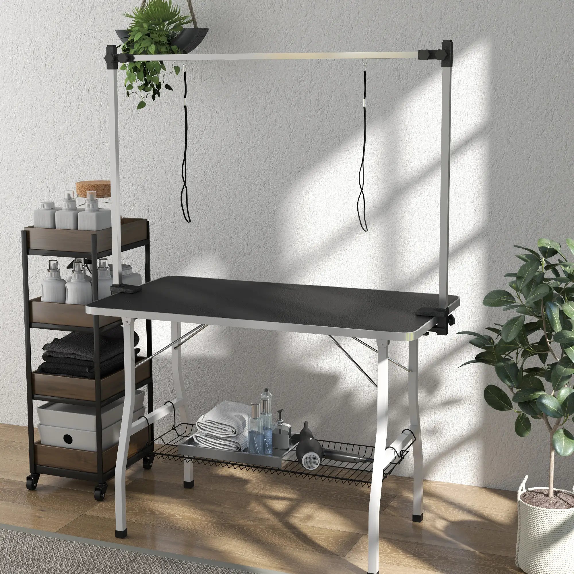 Foldable Dog Grooming Table, Adjustable Arms, Storage Shelf, 42