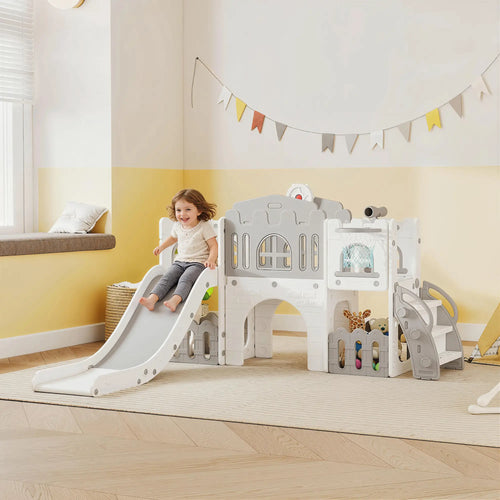 7-In-1 Toddler Slide With Basketball Hoop, Climber, Tunnel, Grey