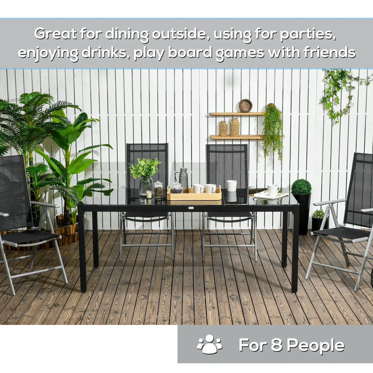 Rectangular Outdoor Dining Table For 8, Tempered Glass Top, Aluminum Frame, 70.9" x 31.5" x 28.3", Black Patio Dining Tables at Gallery Canada