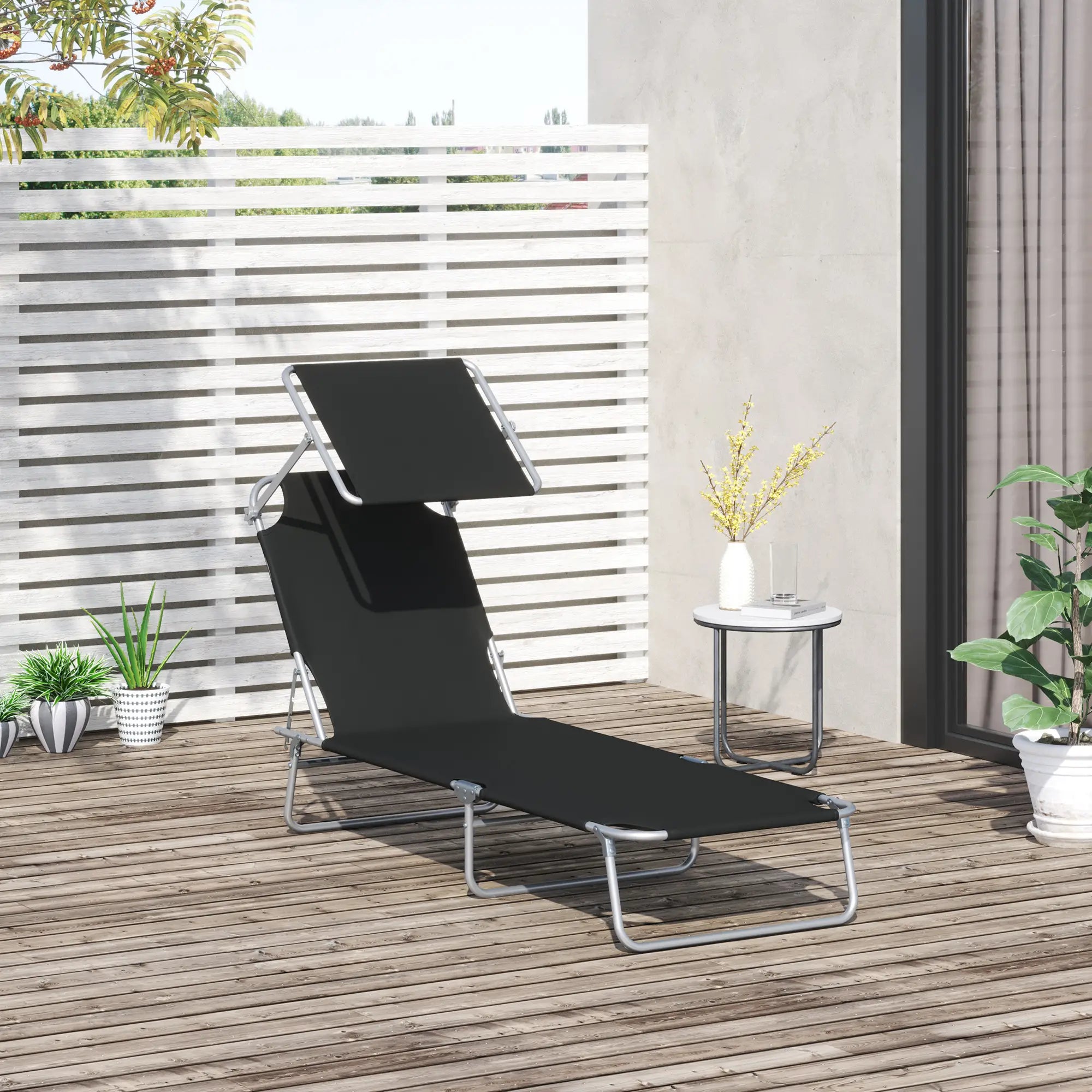 Adjustable Folding Chaise Lounge, Outdoor Tanning Chair with Sun Shade, Black Lounger Chairs at Gallery Canada