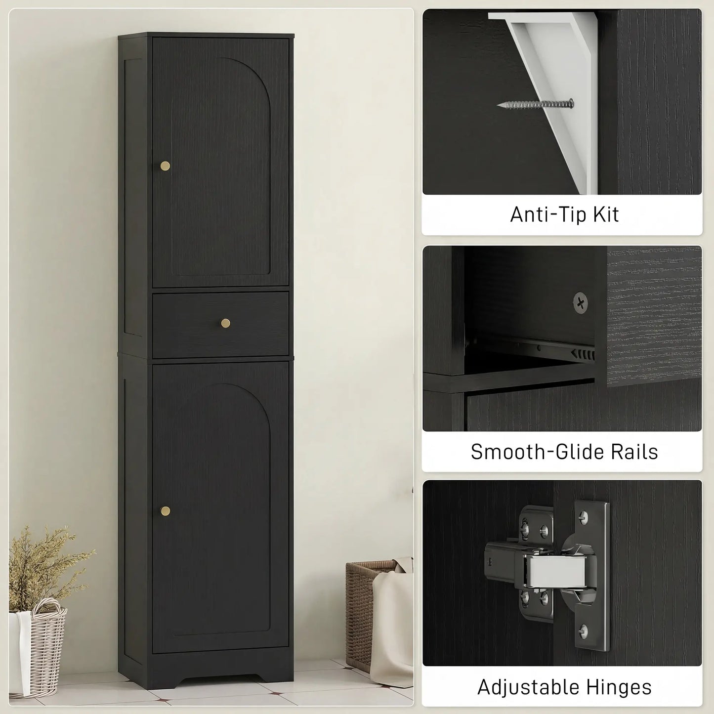 67" Tall Bathroom Cabinet, 2 Doors, Drawer, Adjustable Shelf, Black Wood Grain, Black Freestanding Bathroom Cabinets at Gallery Canada