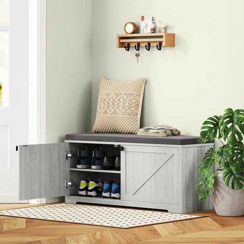 Shoe Storage Bench, Padded Seat, Holds 352 lb, 8 Pairs, Light Grey