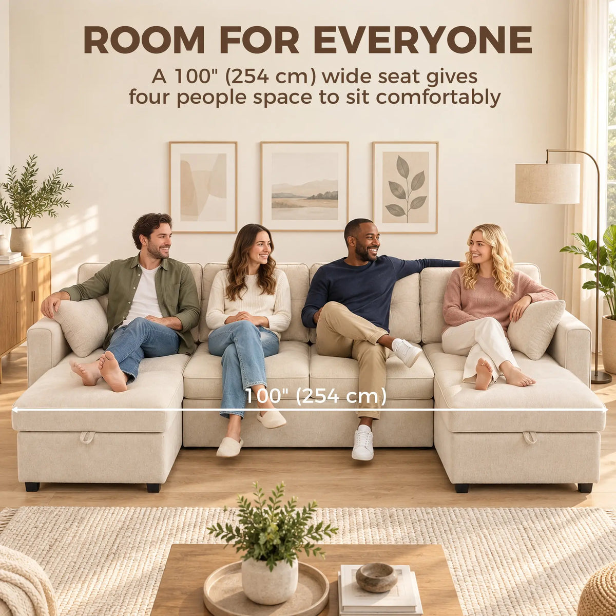 U Shaped Sectional Sofa Bed, 113" Pull Out Sleeper, Beige 3-Seater Sofas at Gallery Canada