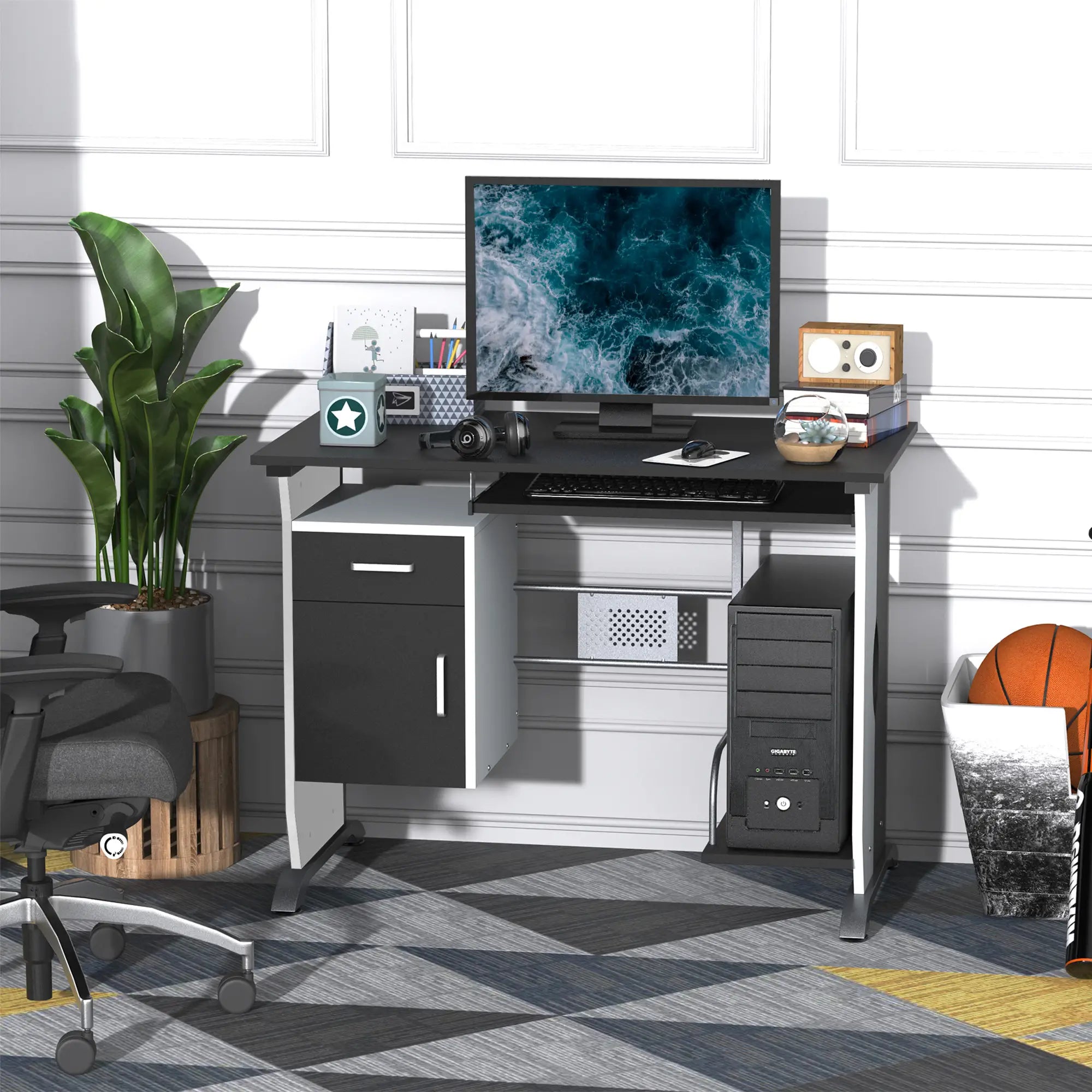 Computer Desk With Keyboard Tray, CPU Stand, Black and White Computer Desks at Gallery Canada