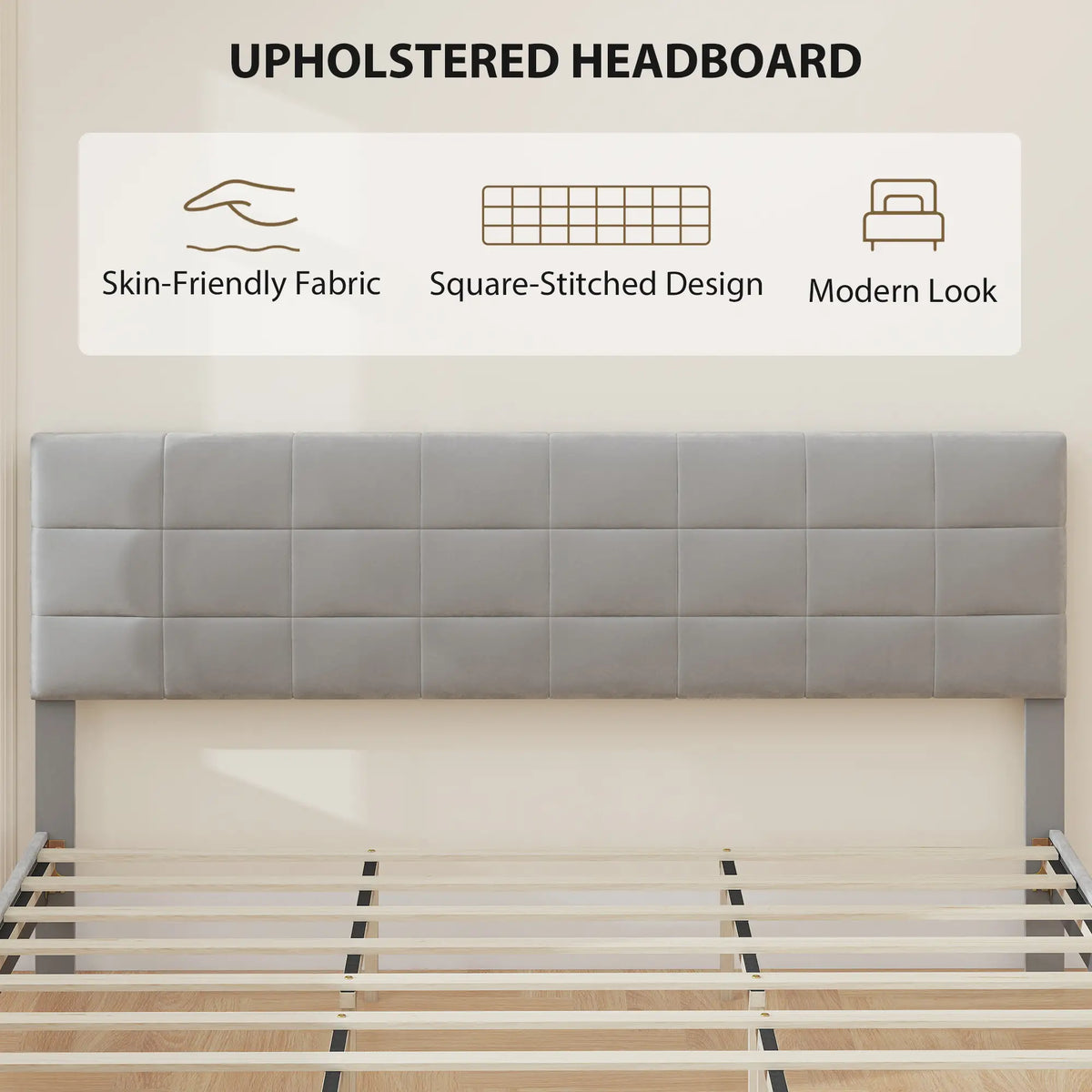 King Size Bed Frame, Upholstered Headboard, Wood Slats, 1100 lbs, Grey Bed Frames at Gallery Canada