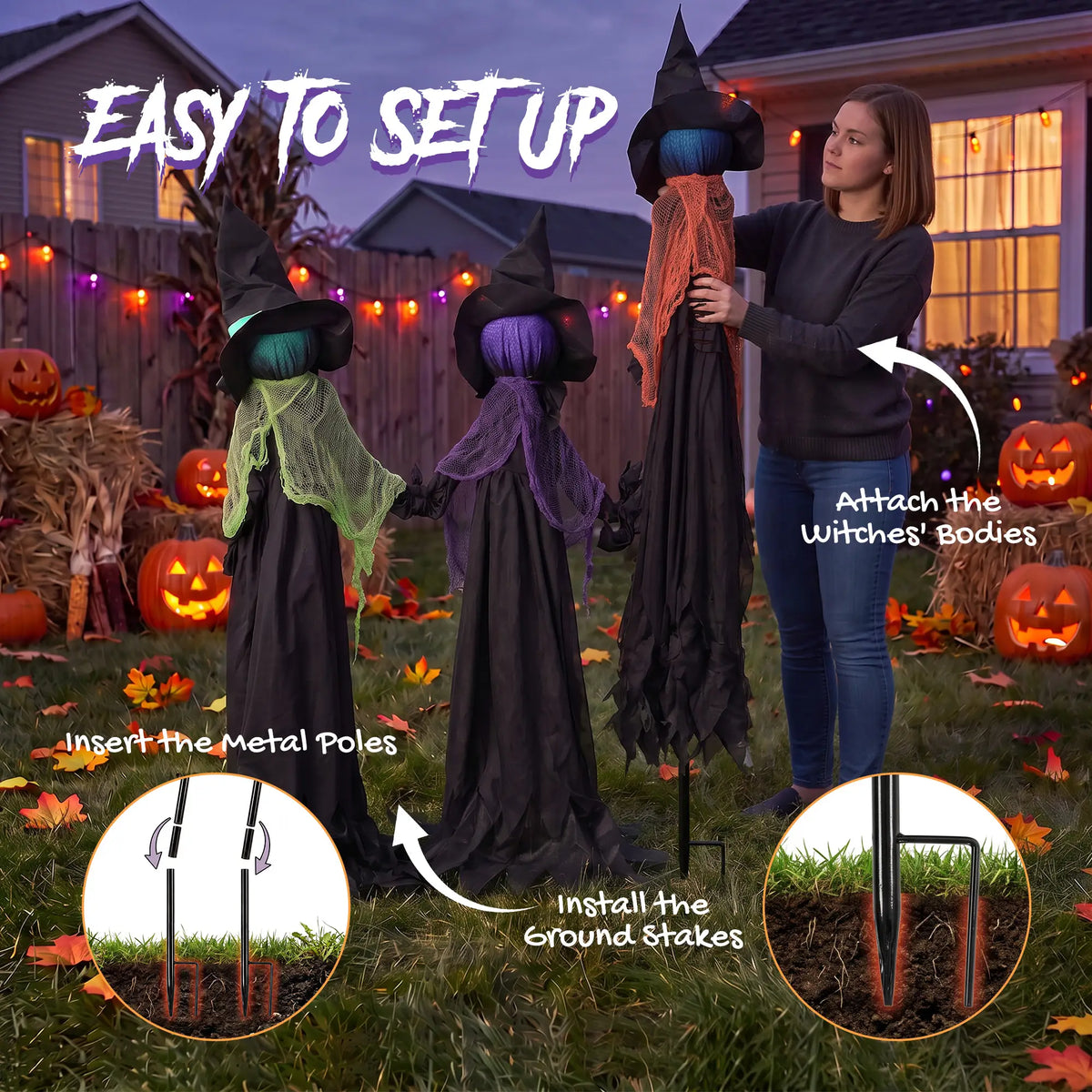 48" Witch Trio Yard Stake, Light-Up Multicolored Heads, Multicolored Halloween Decorations at Gallery Canada
