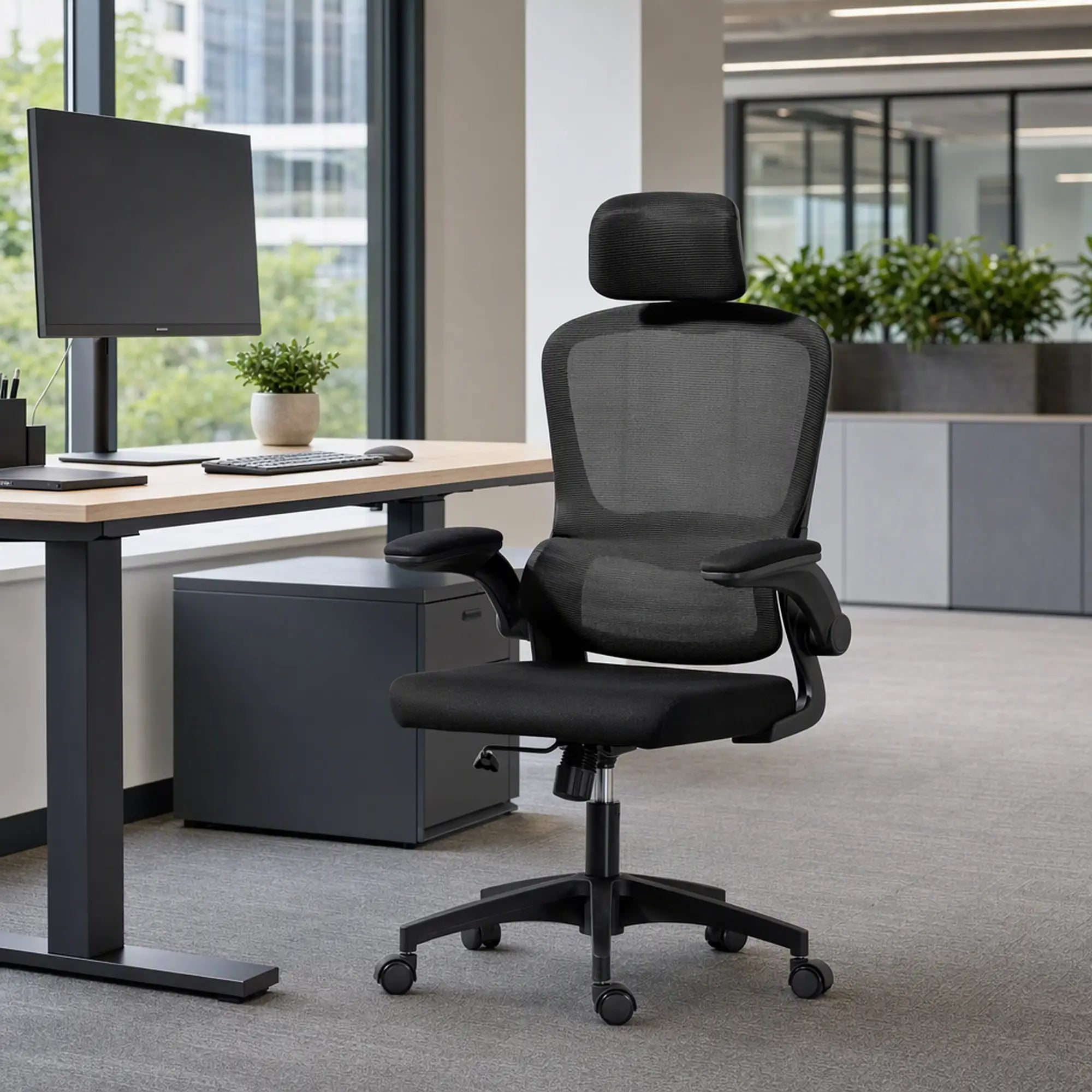 Ergonomic Mesh Office Chair, High Back, Rotatable Headrest, Flip Up Armrests, Lumbar Support, Black Task Chairs at Gallery Canada