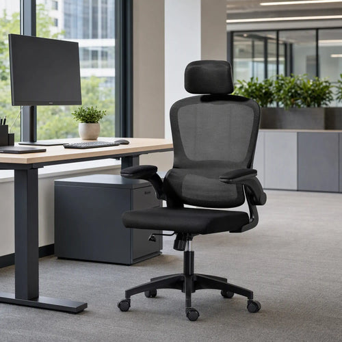 Ergonomic Mesh Office Chair, High Back, Rotatable Headrest, Flip Up Armrests, Lumbar Support, Black