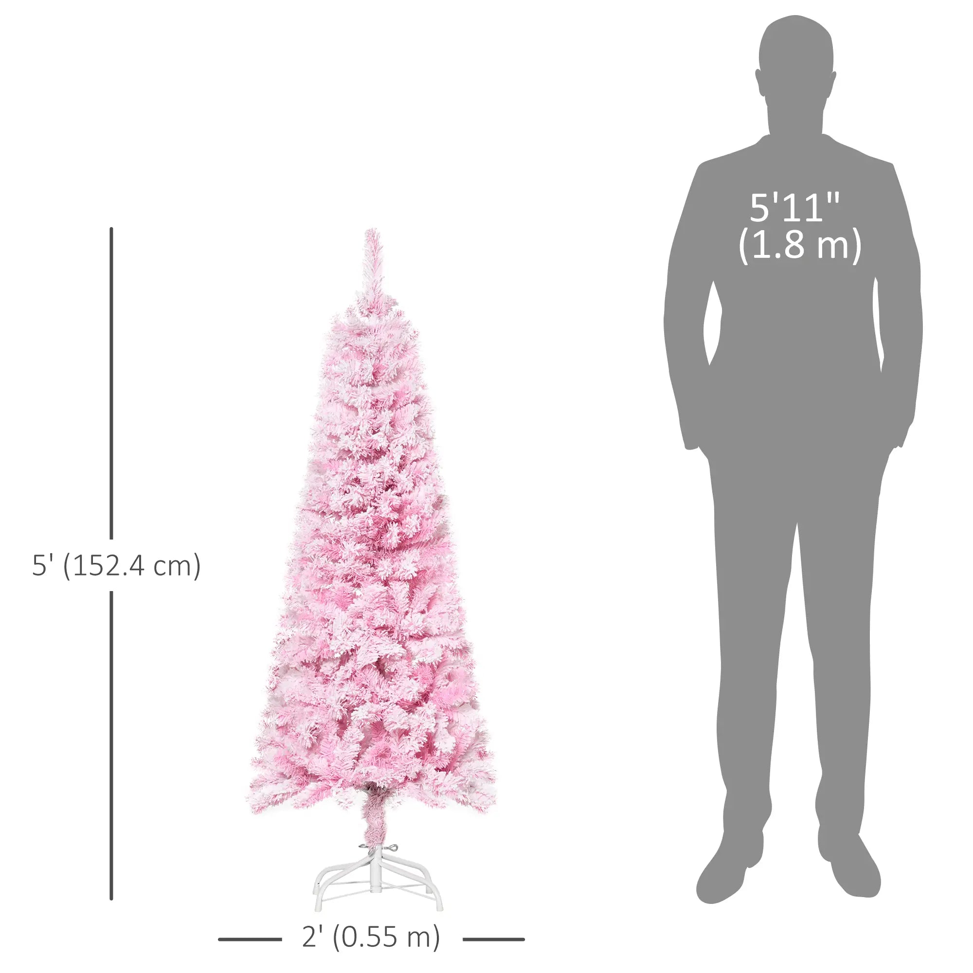 5 FT Snow Flocked Artificial Christmas Tree, Pencil Xmas Tree, Steel Base, Pink Artificial Christmas Trees at Gallery Canada