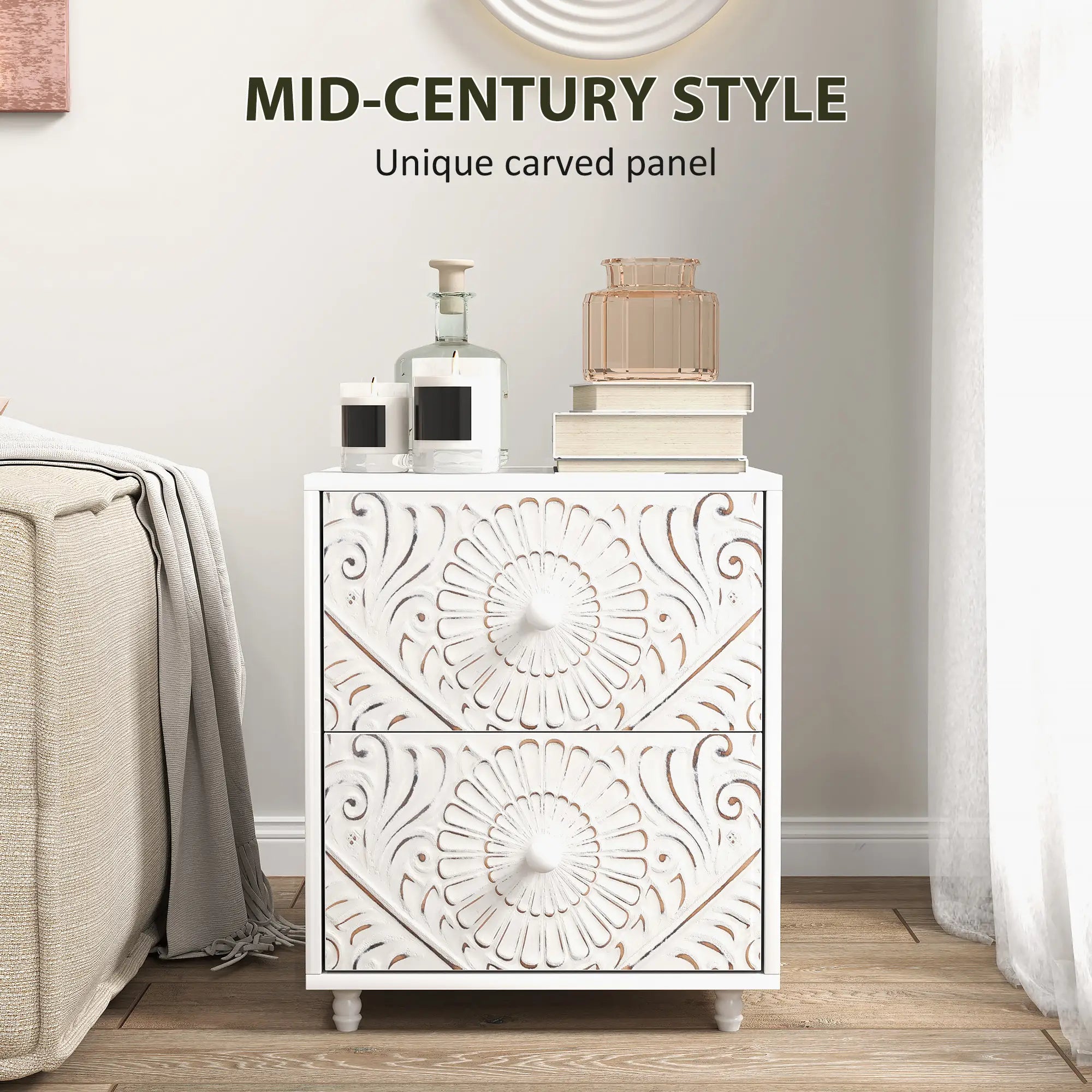 Mid-Century Bedside Table, Nightstand with 2 Drawers, White Bedside Tables at Gallery Canada