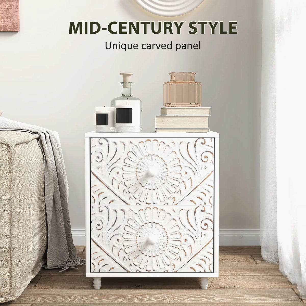 Mid-Century Bedside Table, Nightstand with 2 Drawers, White Bedside Tables at Gallery Canada