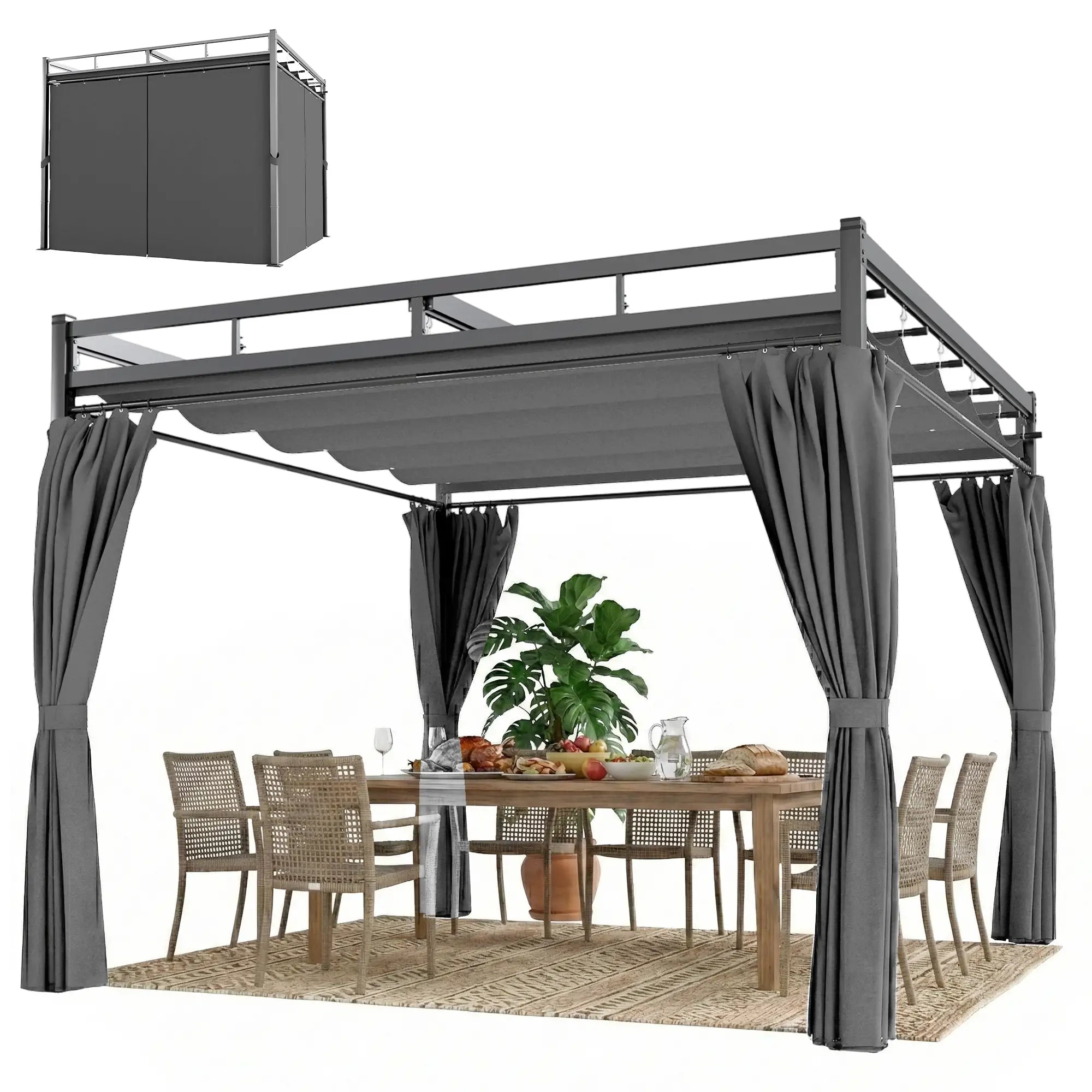 10' x 10' Dark Grey Outdoor Gazebo, Retractable Pergola Canopy With Curtains, Dark Grey Pergolas Black, Dark Grey at Gallery Canada