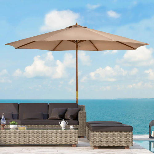 10' x 8' Khaki Wooden Patio Umbrella, Garden Parasol, Outdoor Sunshade, Khaki