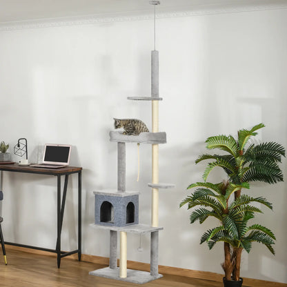 Adjustable Cat Tree, 85-101 Inches, Climbing Center with Scratching Posts, Grey Floor to Ceiling Cat Trees at Gallery Canada