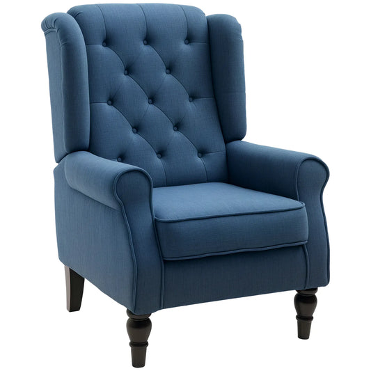 Button Tufted Accent Chair With Wood Legs, Rolled Arms, Blue
