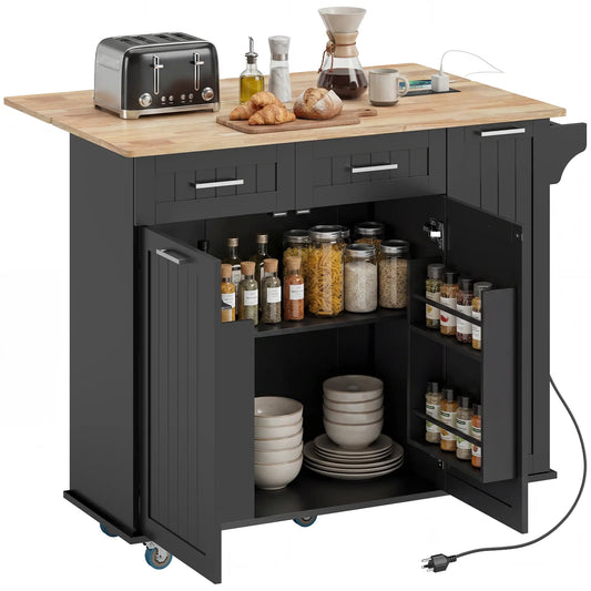Rolling Kitchen Cart with Drop Leaf, Charging Station, Black Kitchen Islands & Kitchen Carts Black, Oak at Gallery Canada