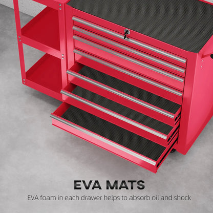 Coffre à outils roulant à 7 tiroirs, armoire verrouillable avec étagère latérale, rouge