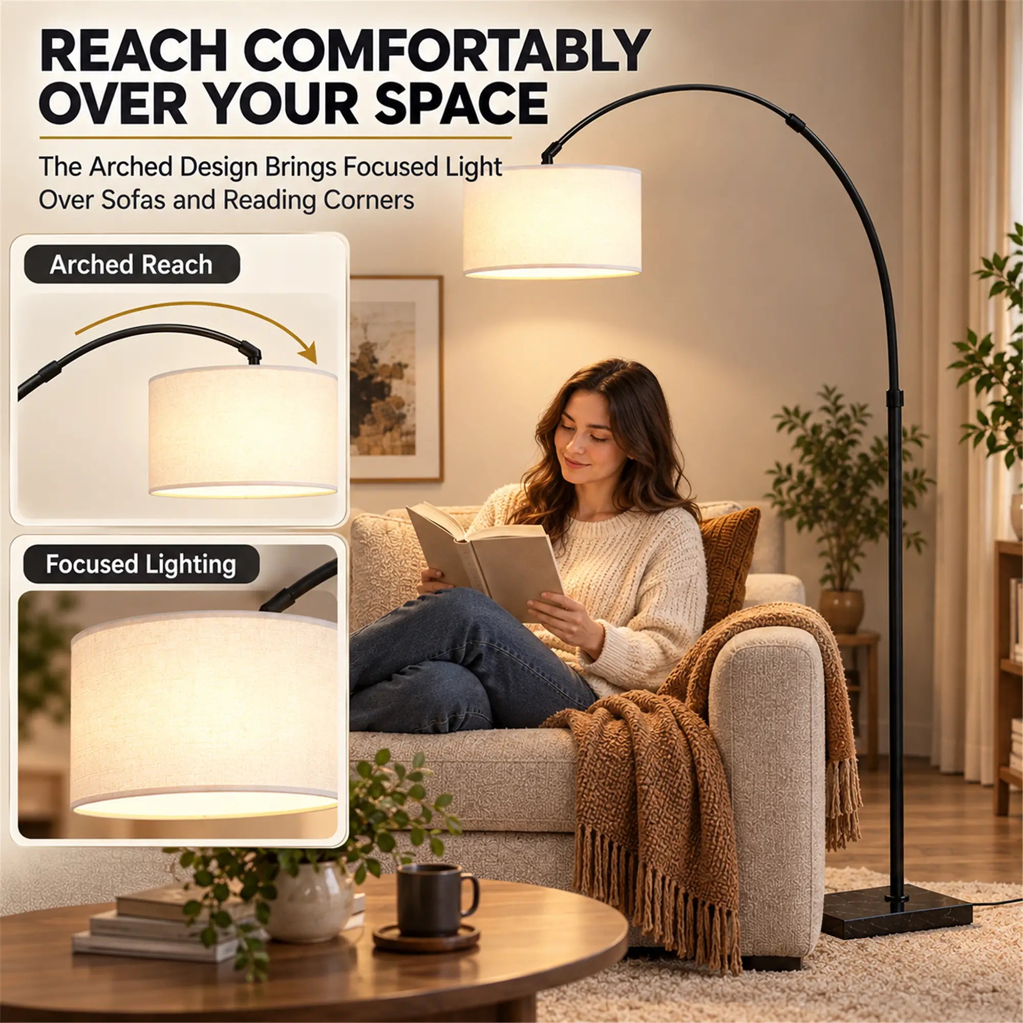Arc Floor Lamp, Adjustable Linen Shade, 90° Tilt Swivel, Black Floor Lamps & Ceiling Fan Lights at Gallery Canada