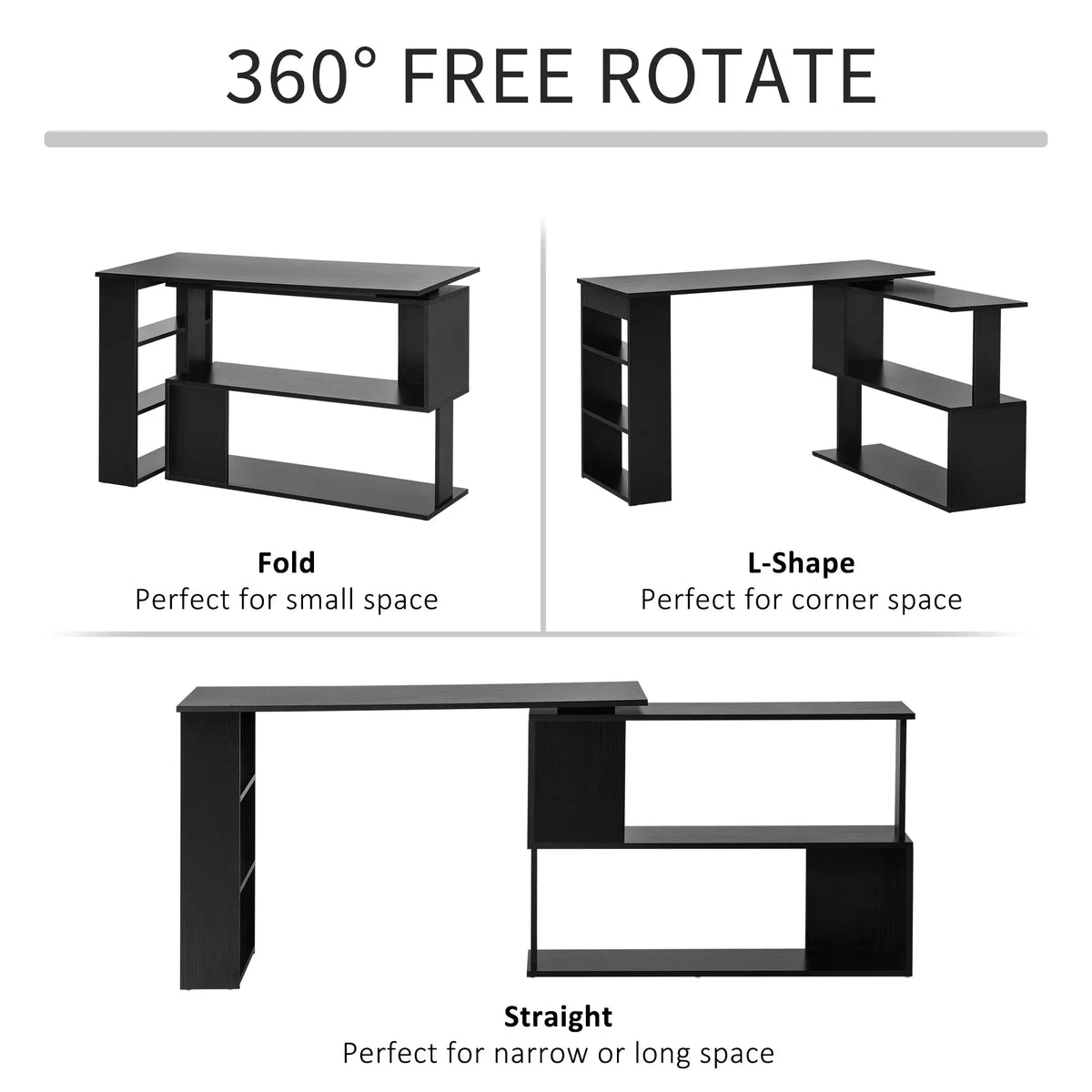 L Shaped Desk, 360° Rotating Corner, Computer Writing Table, Black Writing Desks at Gallery Canada
