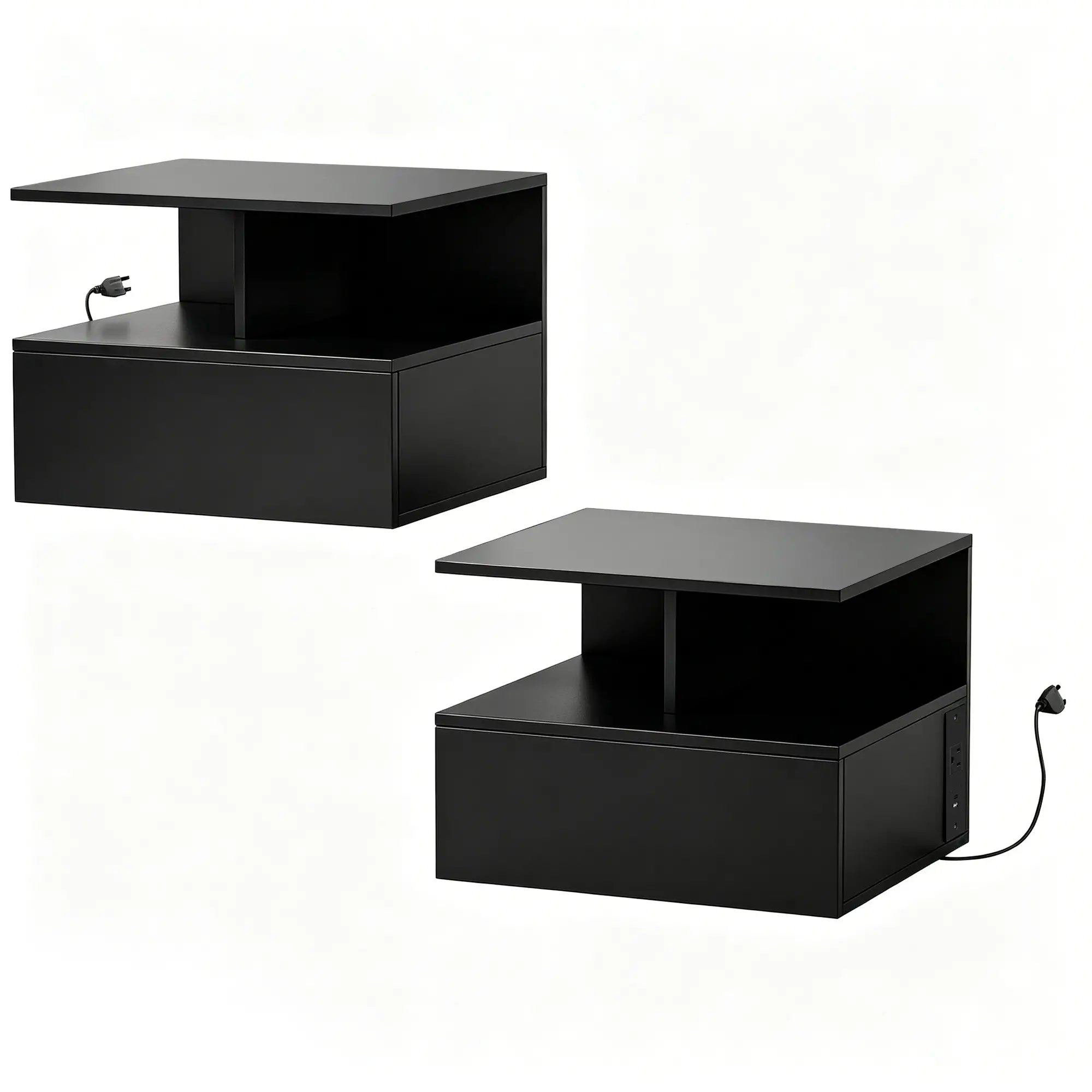 Floating Nightstand Set of 2, Wall Mounted Bedside Table with with Power Outlets, Drawer and Shelf, Black Bedside Tables Black at Gallery Canada