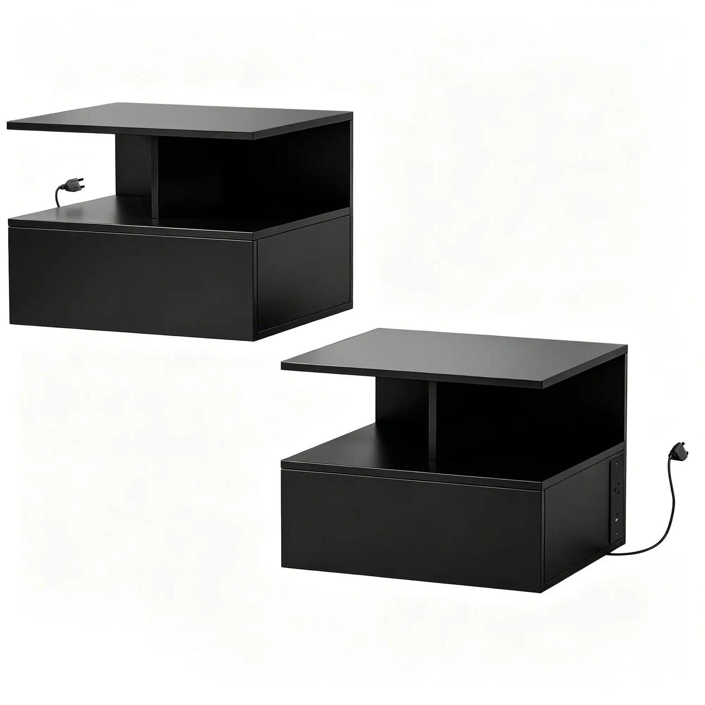 Floating Nightstand Set of 2, Wall Mounted Bedside Table with with Power Outlets, Drawer and Shelf, Black Bedside Tables Black at Gallery Canada