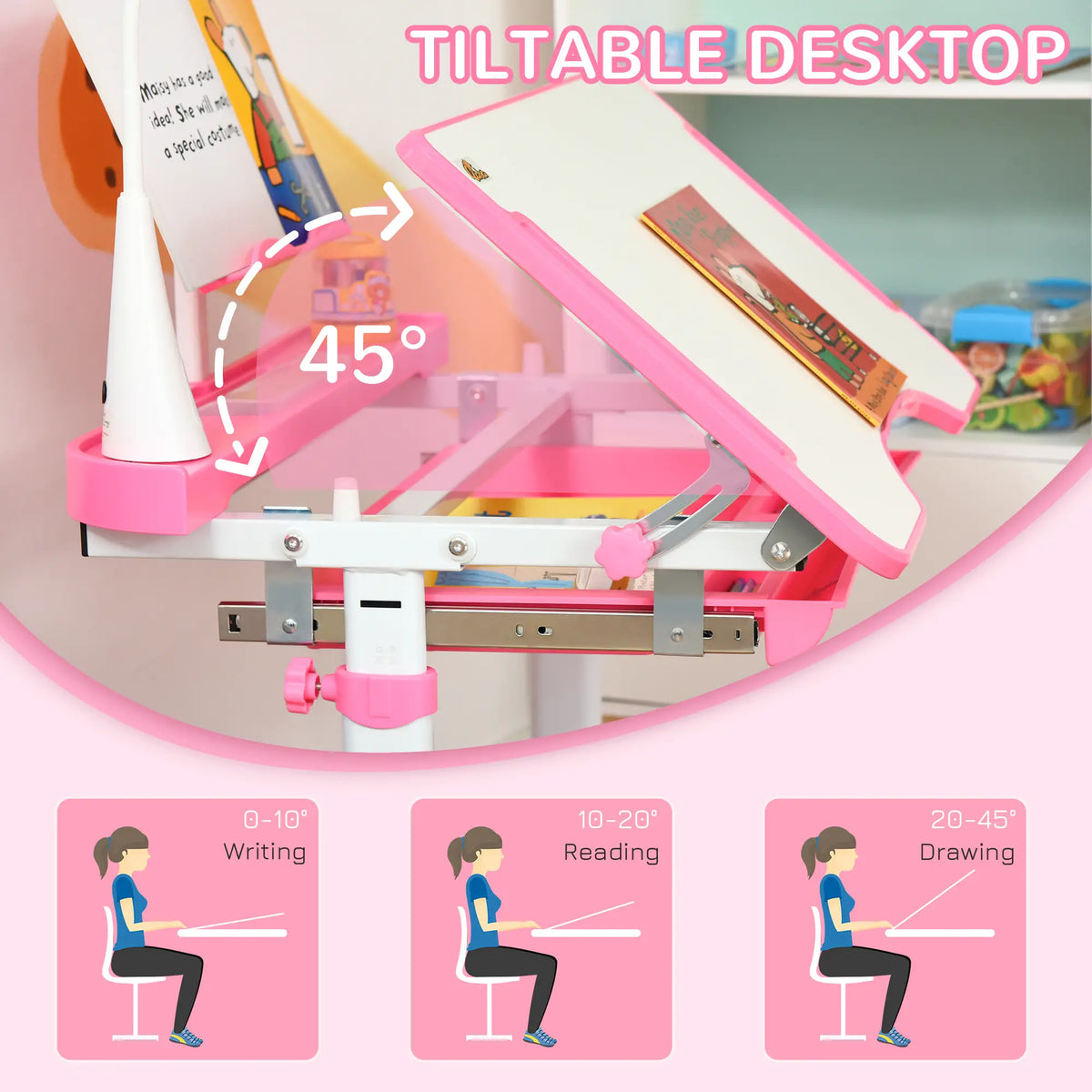 Kids Desk and Chair Set, Adjustable Height, Tilt Desktop, Pink Kids Desk Sets at Gallery Canada