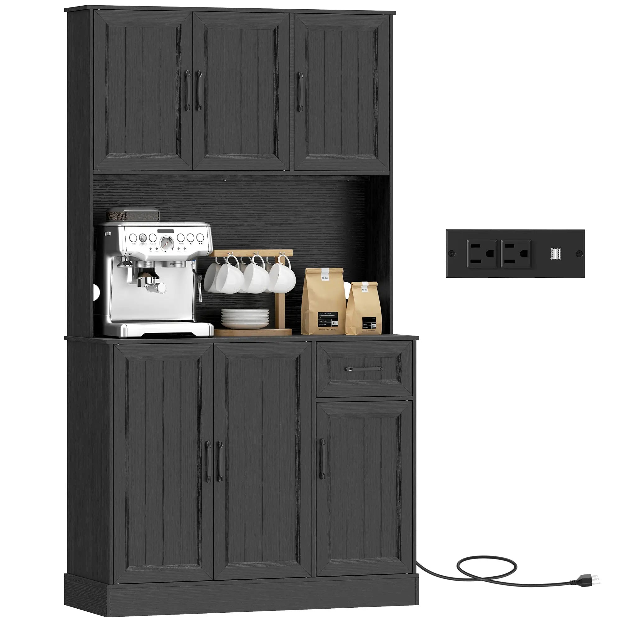 71 Inch Pantry Cabinet with Charging Station, Microwave Stand, Adjustable Shelves, Black Kitchen Pantry Cabinets at Gallery Canada