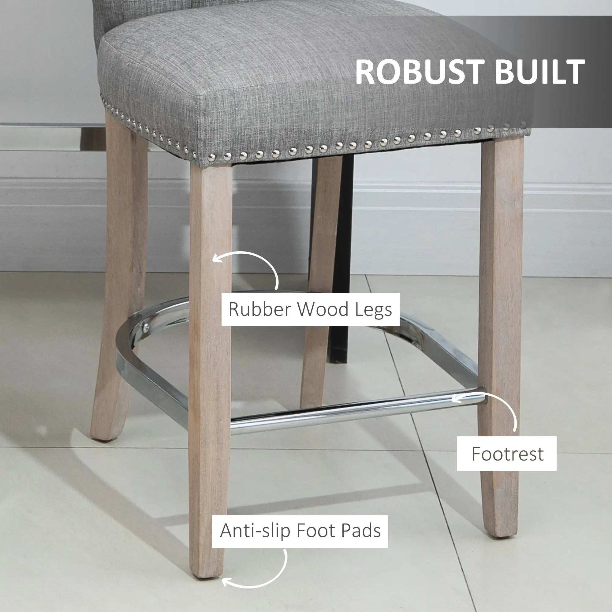 Upholstered Counter Height Bar Stools, Set of 2, Wood Legs, Grey Bar Stools at Gallery Canada