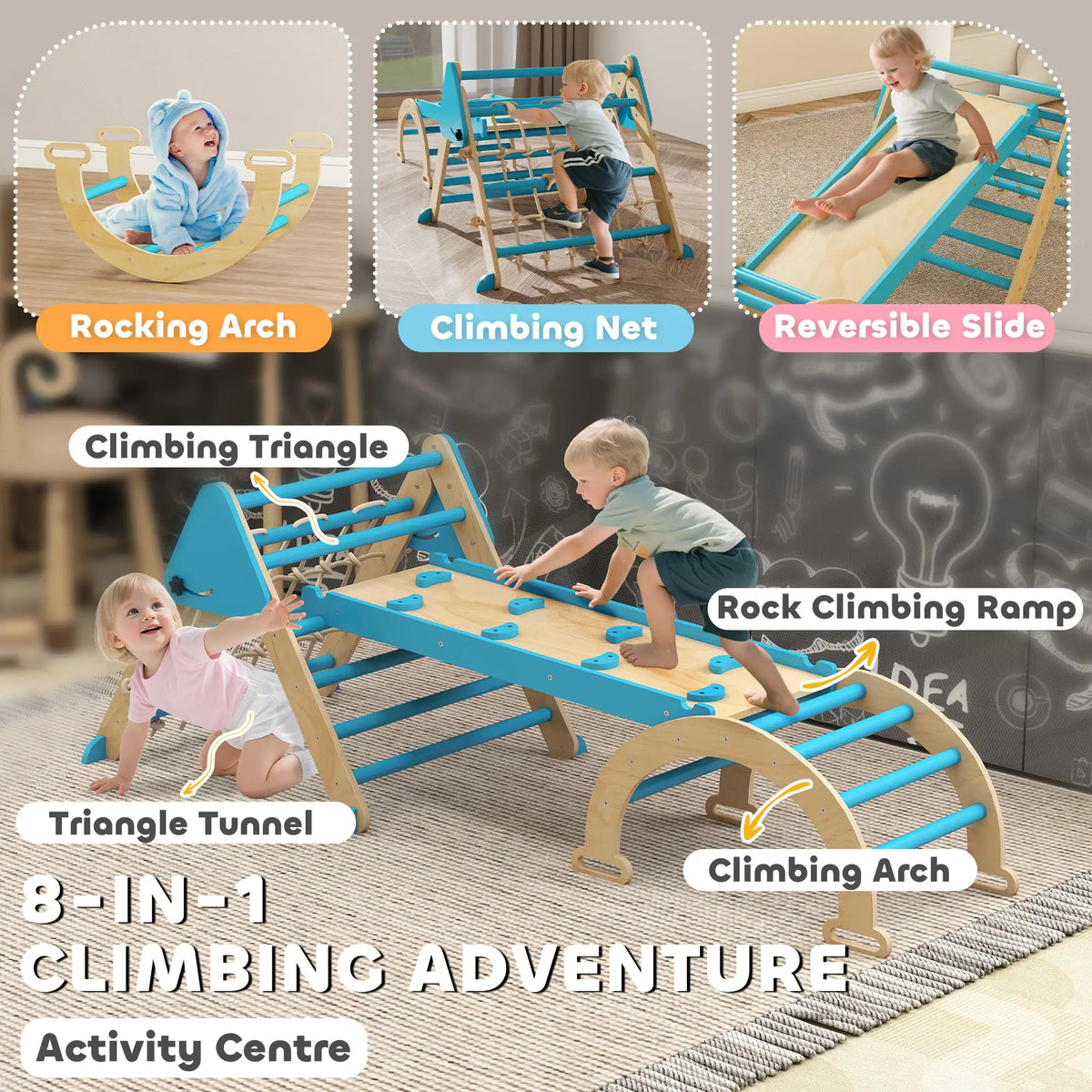8-in-1 Pikler Triangle Set, Foldable Wooden Climbing Toys, Blue Kids Gym & Playmats at Gallery Canada