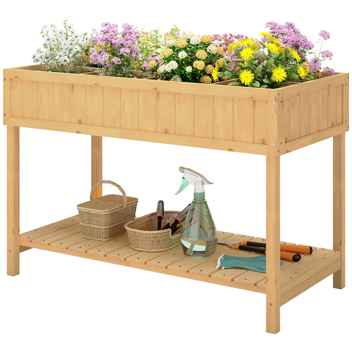 43.25" x 18" x 30" Raised Garden Bed, Wooden Plant Stand, 8 Grid Box, Natural Wood Elevated Garden Beds at Gallery Canada