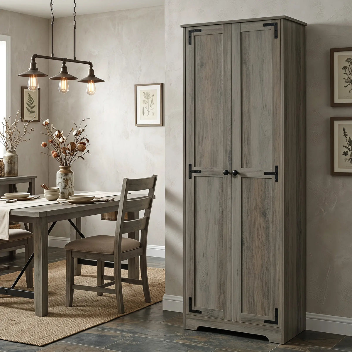 67" Farmhouse Pantry Cabinet, 2 Doors, Adjustable Shelves, Distressed, Grey Storage Cabinets at Gallery Canada