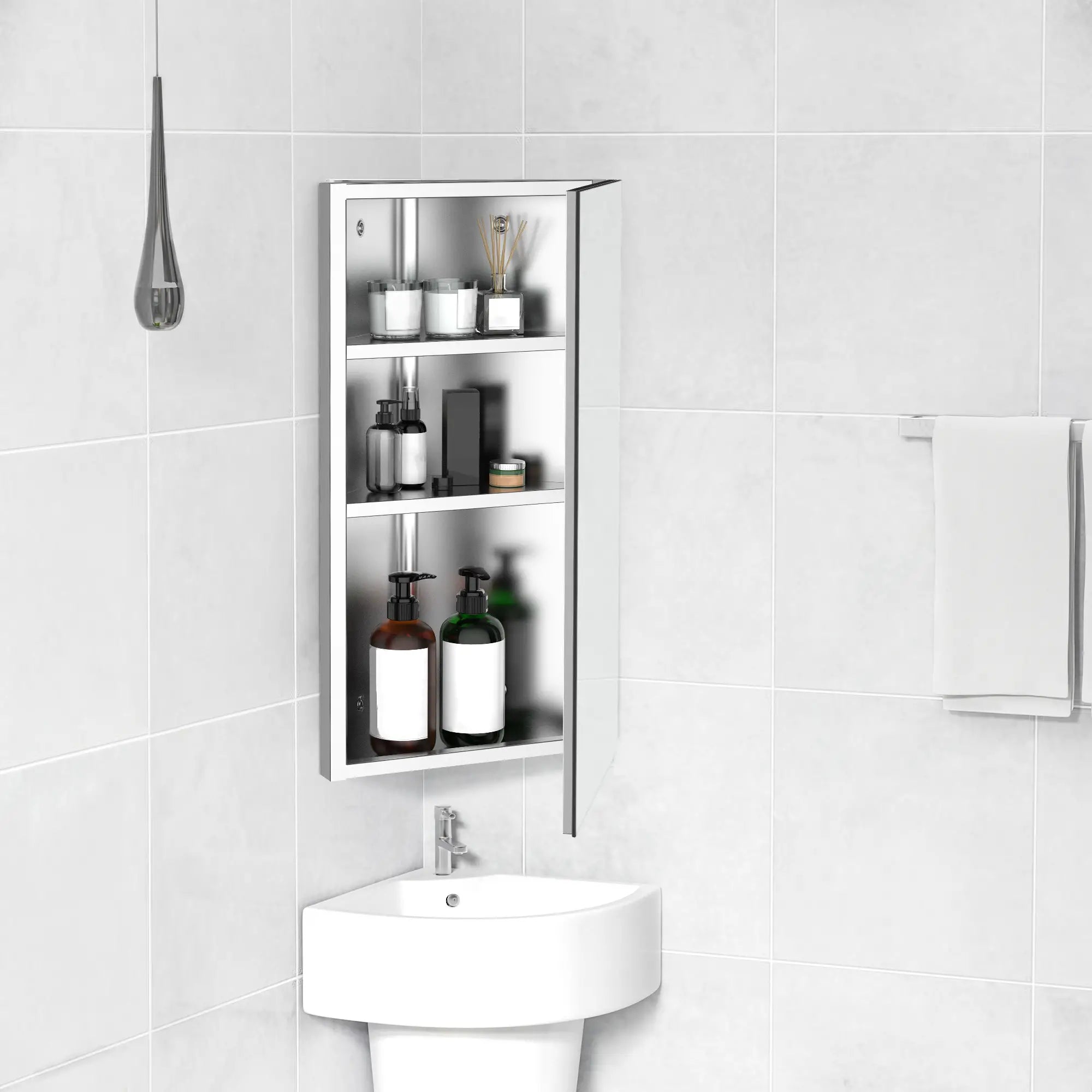 Wall Mounted Bathroom Corner Mirror Cabinet, Single Door, Stainless Steel Mirror Medicine Cabinets at Gallery Canada