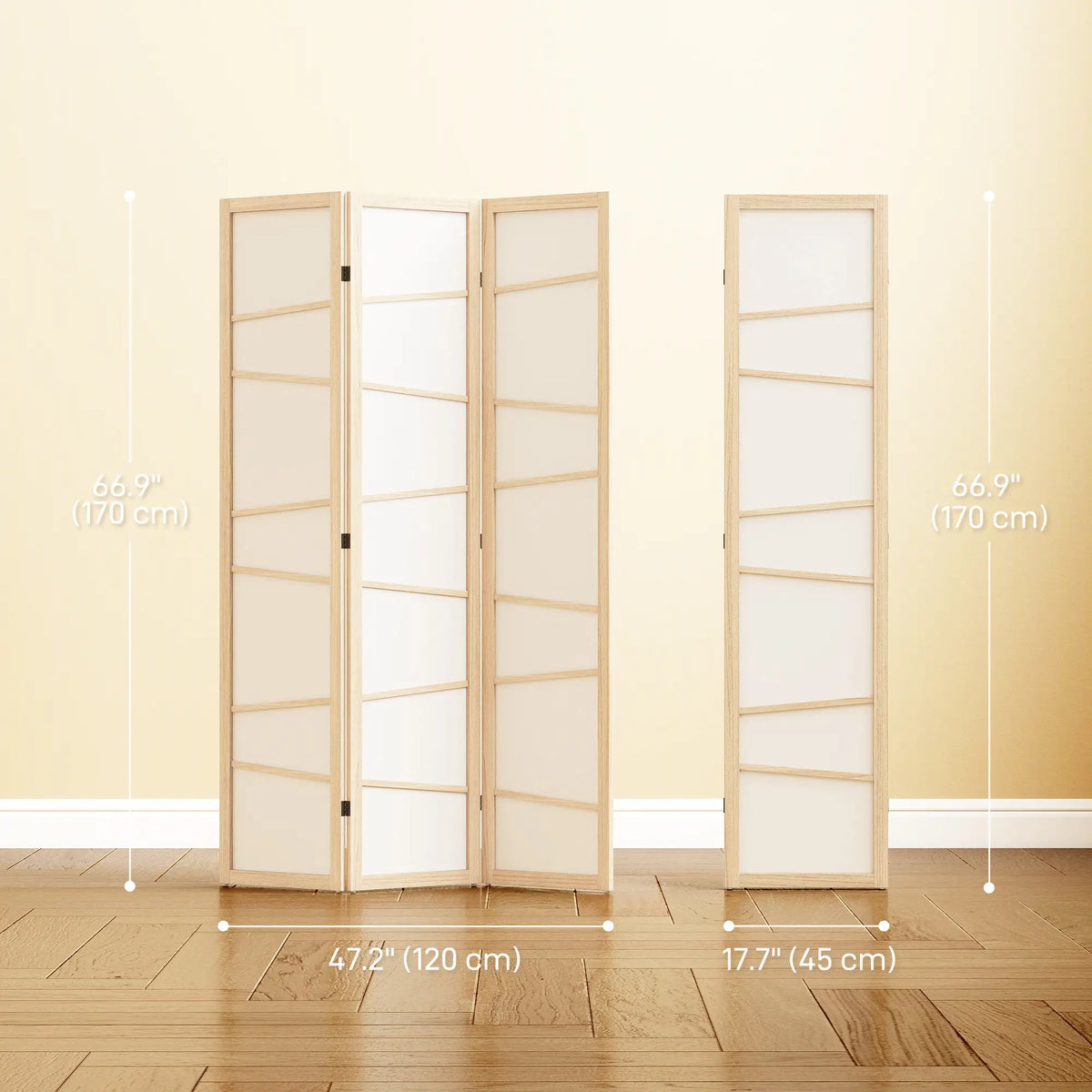 66.9" Folding Room Divider, 3 Panel Wood Frame Partition, Natural Wood Room Dividers at Gallery Canada