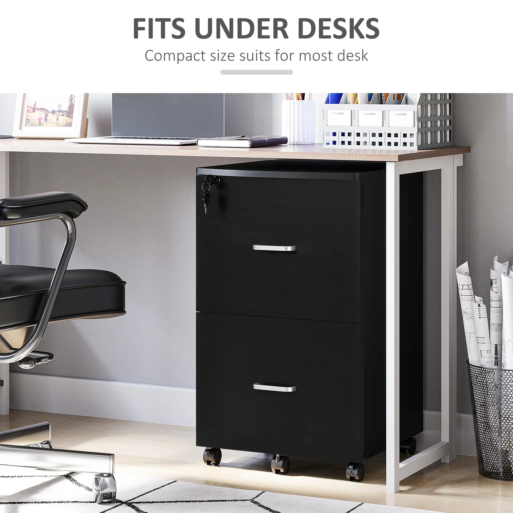 2 Drawer Mobile File Cabinet, Wood Office Filing Cabinet with Lock, Letter and A4 Size, Black Office Cabinets & Cupboards at Gallery Canada
