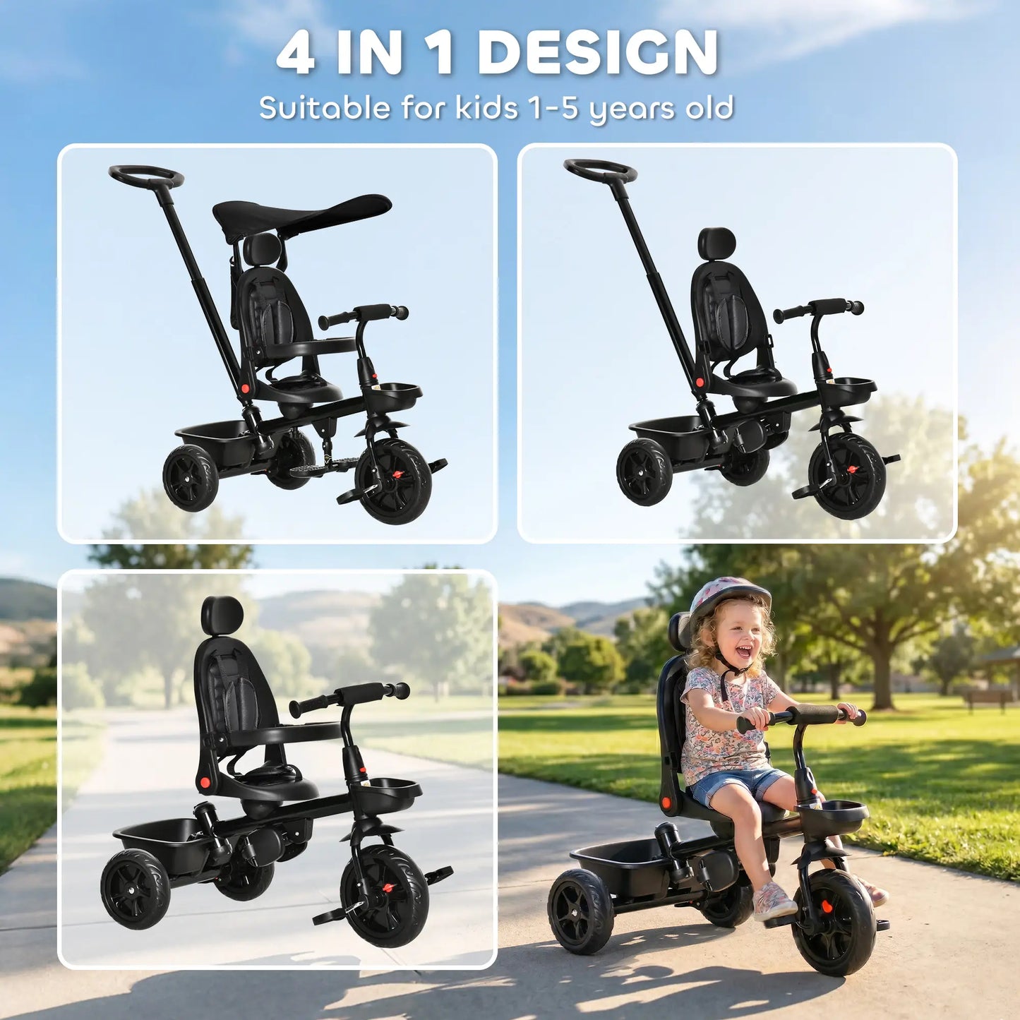 Toddler Tricycle, 4 In 1 Kids Trike, Adjustable Seat, Black Tricycles for Kids at Gallery Canada